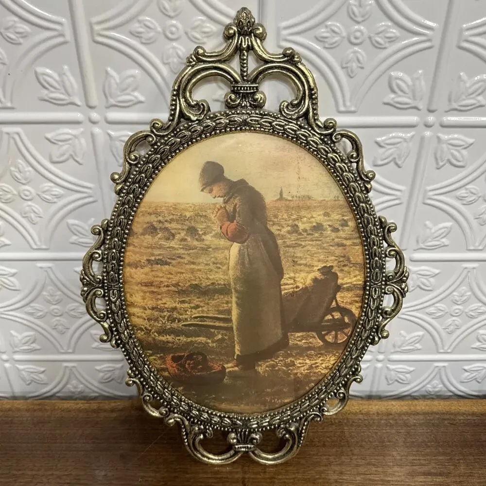 The Angelus By J F Millet Oval Metal Frame Convex Glass Farmer Wife Praying Vtg